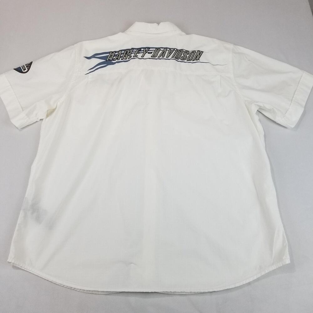 Harley Davidson Shirt Mens 2XL White Embroidered Racing Mechanic Button Up Moto